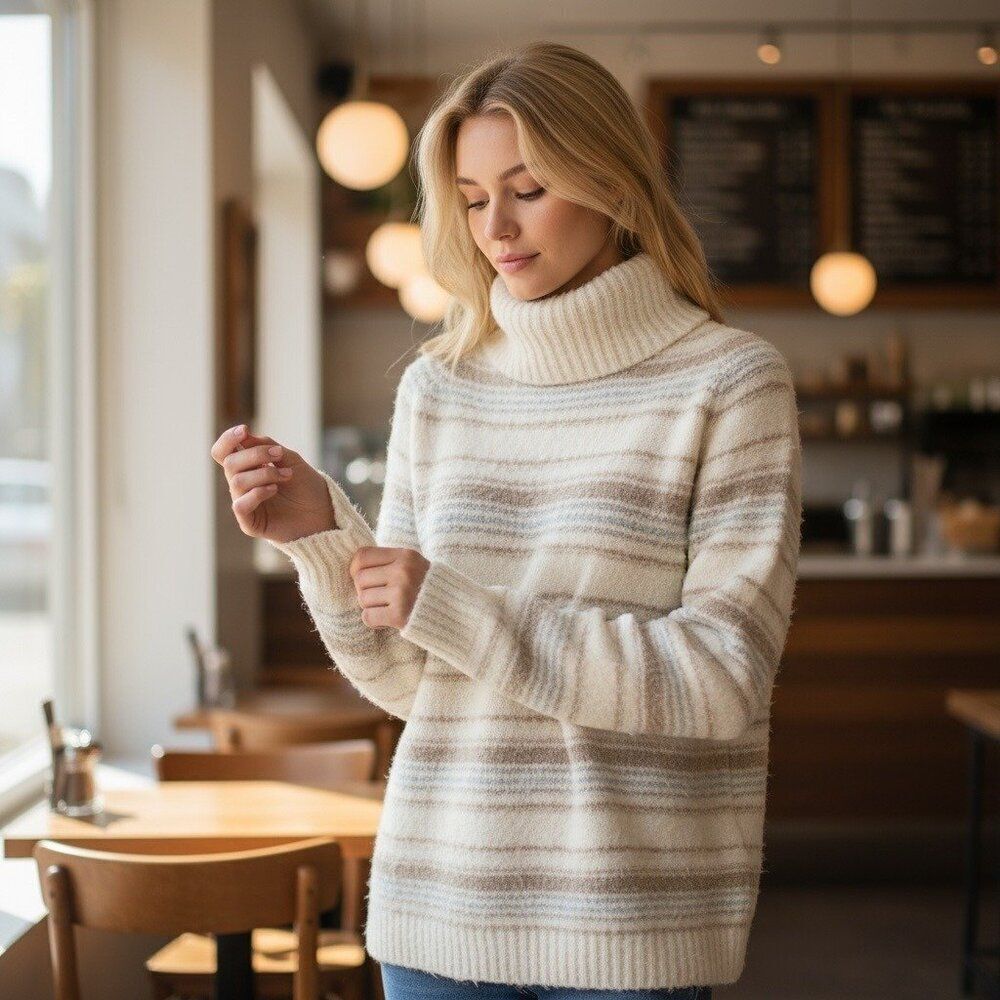 L.L.Bean Women’s Wool Blend Stripe Sweater Jumper Neutral Multistripe Size L